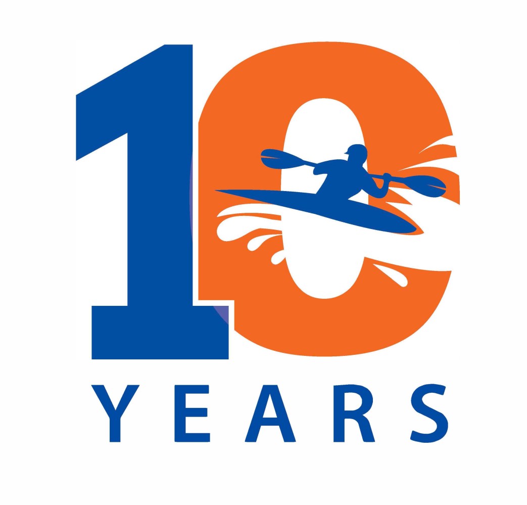 Logo with '10 Years' and a kayaker inside the number zero.