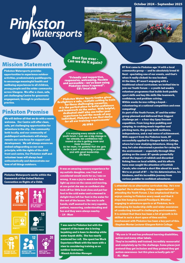 Colorful infographic for Pinkston Watersports with testimonials and mission statement.