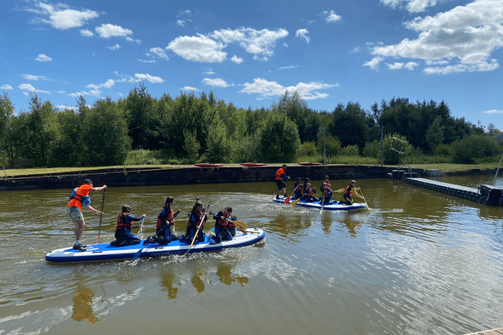 Groups paddleboarding on a sunny lake with trees in the background.