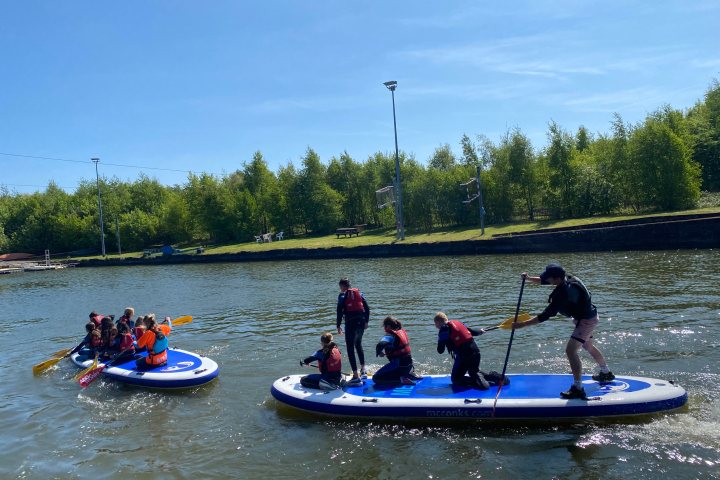 Groups paddle large boards on a sunny river near a tree-lined shore.