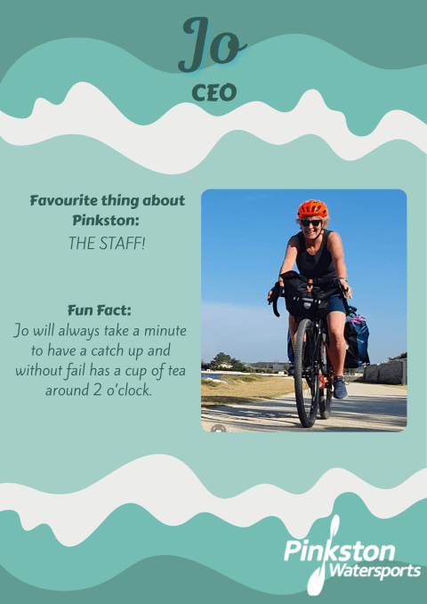 Person cycling with bags on the bike, wearing a helmet and sunglasses on a designed background.