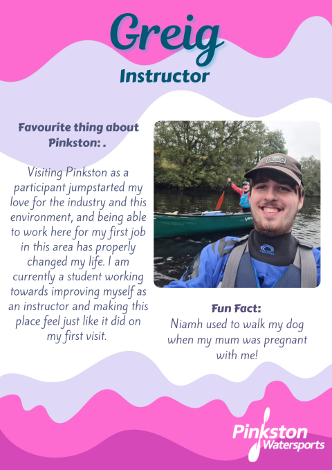 Instructor Greig smiling on a pink-themed profile with fun facts and a favorite thing about Pinkston.