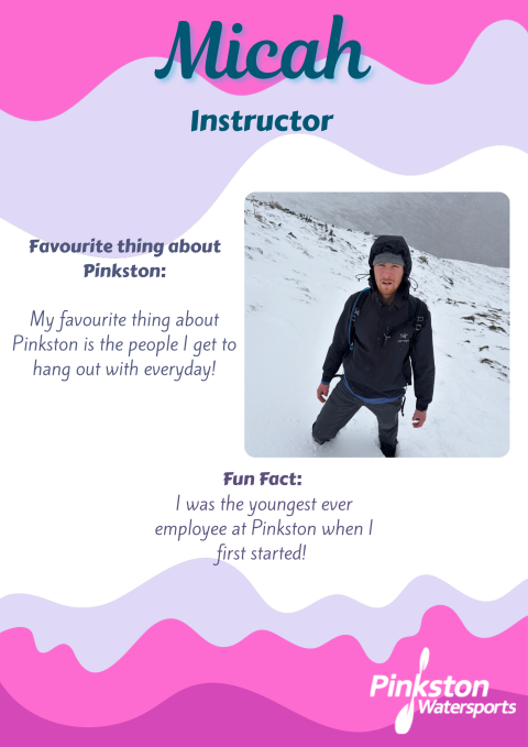 Profile card of instructor Micah with his photo, a fun fact, and favorite thing about Pinkston Watersports.