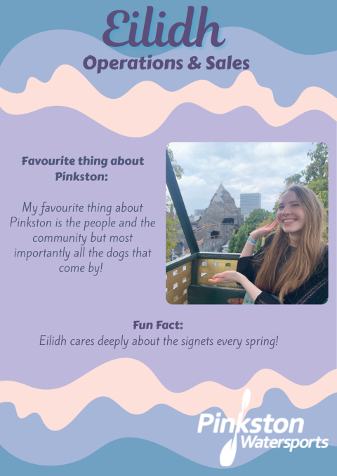 Woman smiling, outdoors, with text about favorite thing and fun fact, Pinkston Watersports logo at bottom.