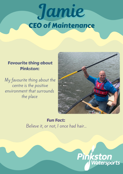 Man in a kayak holding a paddle, wearing a life vest, with text about his role and fun facts.