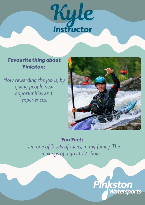 Person kayaking through rapids, text about being an instructor at Pinkston Watersports.