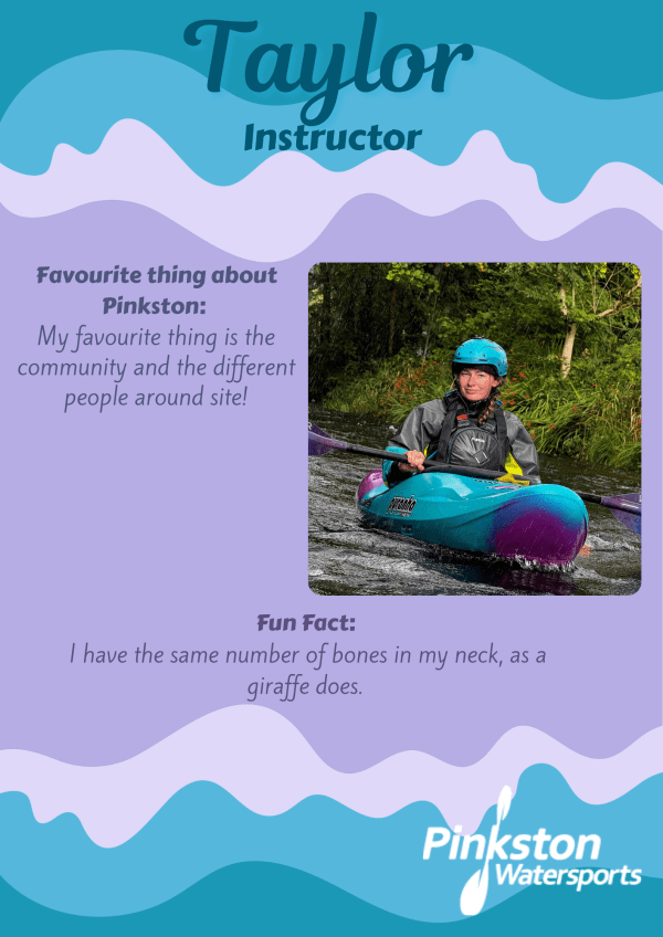 Person kayaking; text about favorite thing and fun fact, with Pinkston Watersports logo.