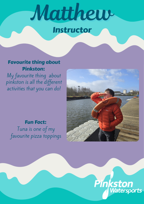 Person in an orange jacket blowing a horn by a riverside, with text about Pinkston Watersports.
