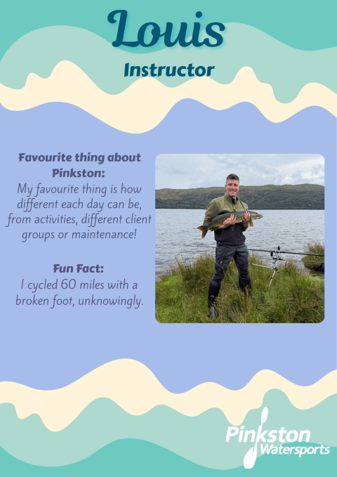A person holding a fish by a lake, text about their role as an instructor.