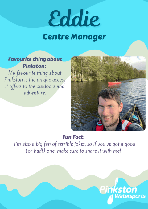 Man in a kayak on a lake with text about favorite thing and fun fact below.