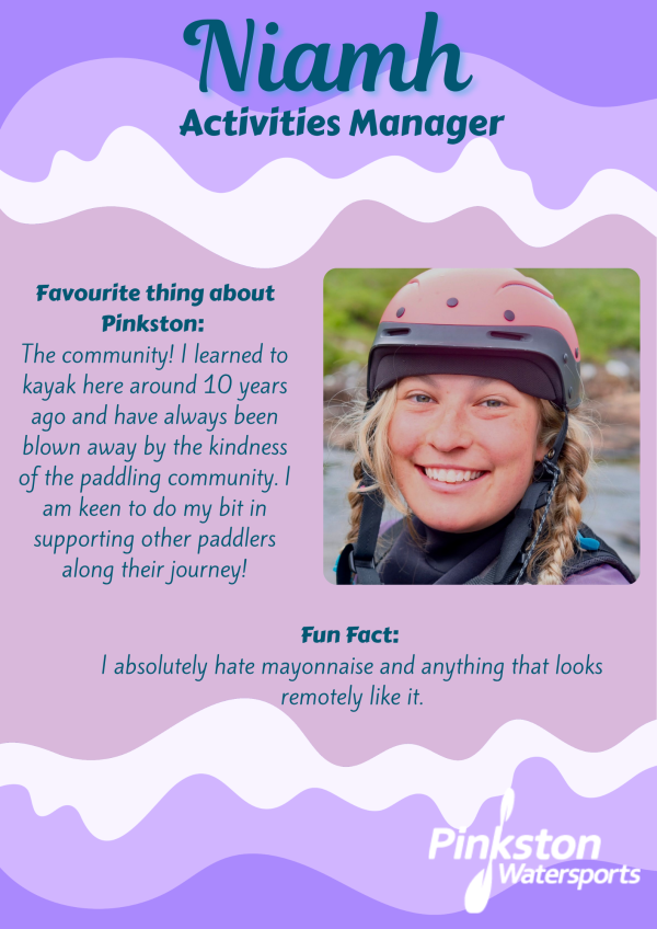 Info card of Niamh, activities manager at Pinkston Watersports, with her fun fact and favorite thing about Pinkston.