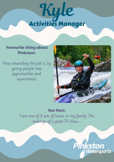 Man kayaking on rapids, text about job and fun fact, 'Kyle Activities Manager,' design with blue accents.