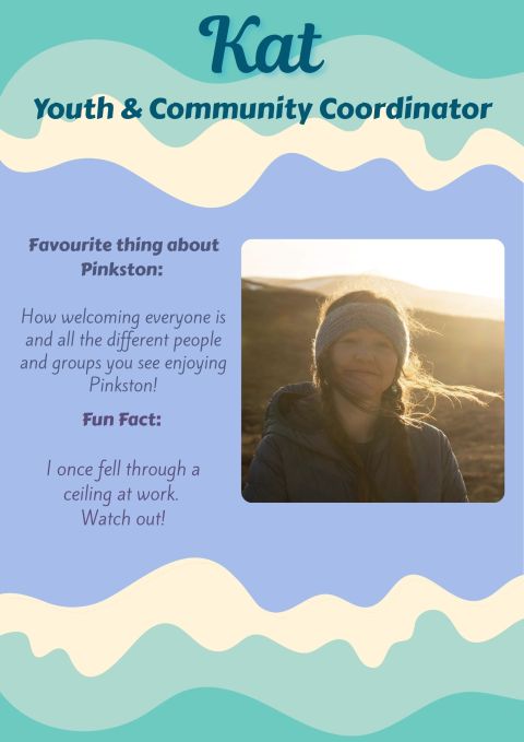 Profile card with a photo of a person outdoors, labeled 'Kat, Youth & Community Coordinator'.